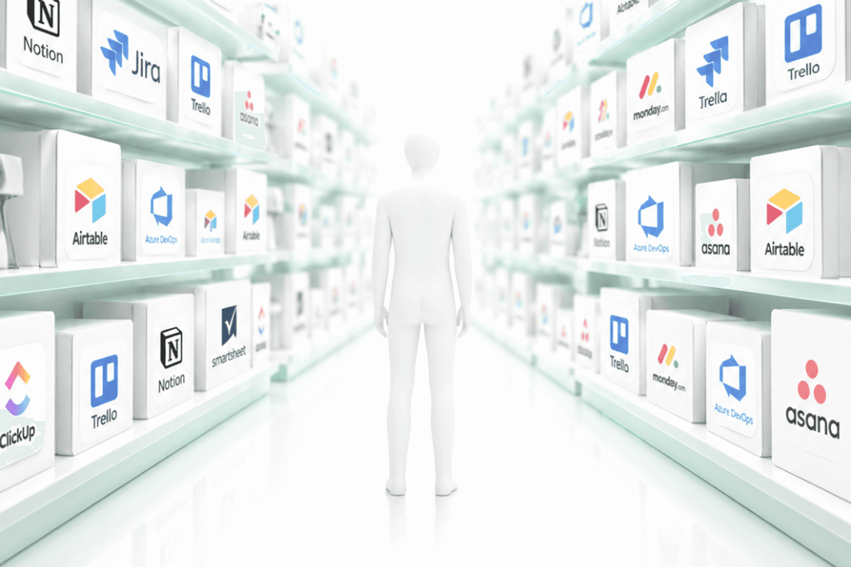 A long store aisle whose white shelves hold boxes marked with project management software logos, a single figure walking between them. Illustration of a market seen the way a buyer sees it.