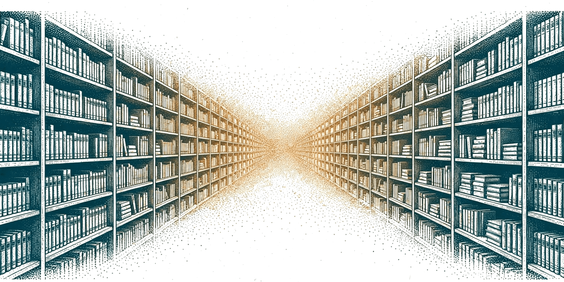 Library shelves on both sides receding to a vanishing point, the books dissolving into dots, teal in the foreground warming to amber in the distance.