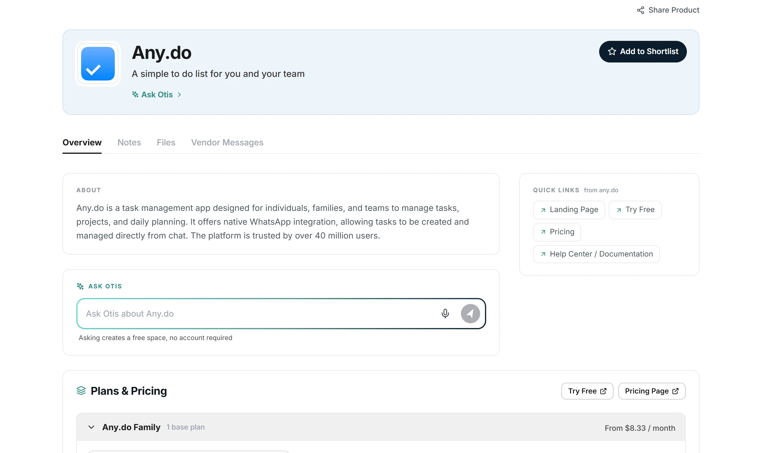 Juukbox product page for Any.do: overview, notes, files and vendor messages tabs, Ask Otis, quick links, and plans and pricing.