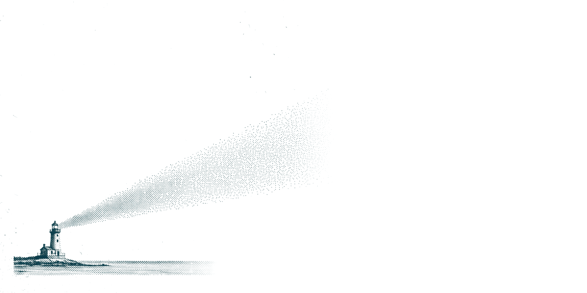 A small lighthouse on a low rocky islet at the left, its beam sweeping up and to the right as a widening spray of fine teal dots that fades out before the middle, calm water drawn in dotted lines below.