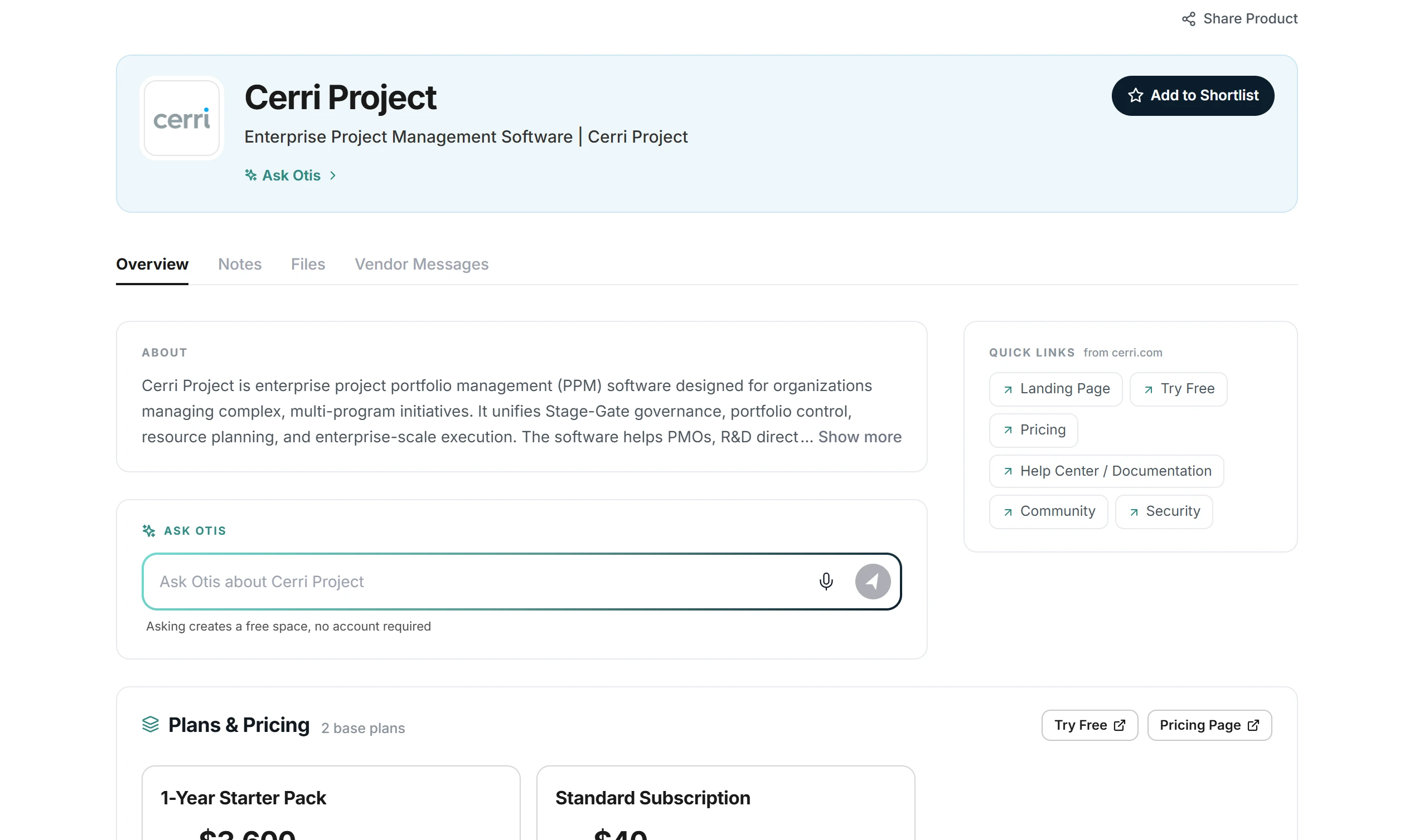 Juukbox product page for Cerri Project: overview, notes, files and vendor messages tabs, Ask Otis, quick links, and plans and pricing.