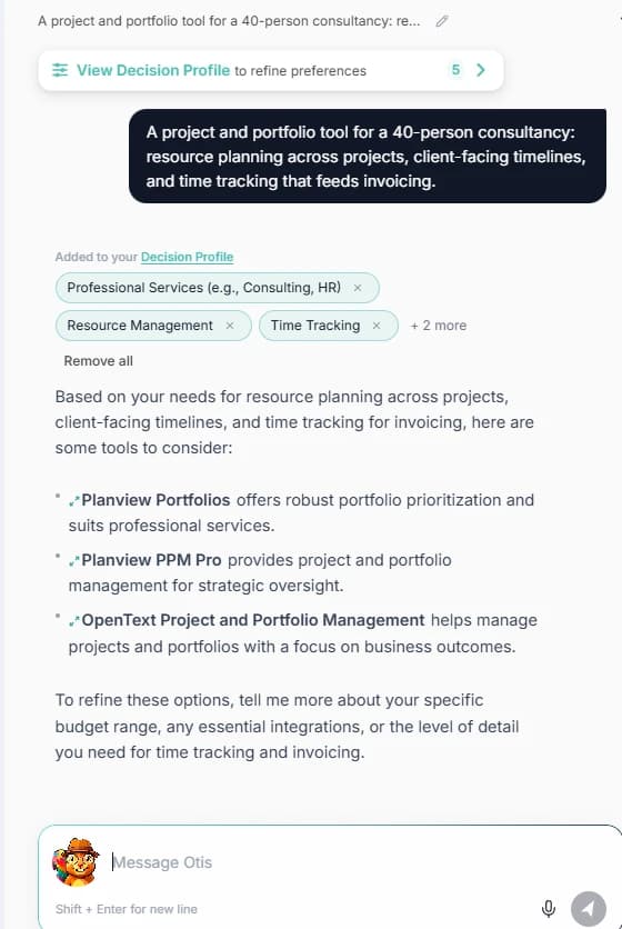 Juukbox decision space: Otis turns a plain-language need into decision profile requirements and suggests products to consider.