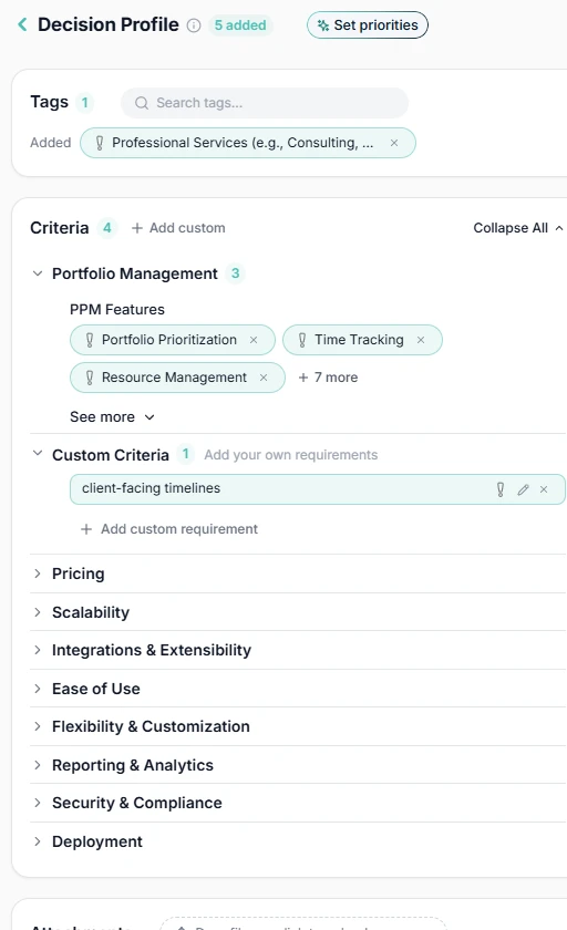 Juukbox decision profile: the tags, criteria and custom requirements gathered from the conversation, each one adjustable.